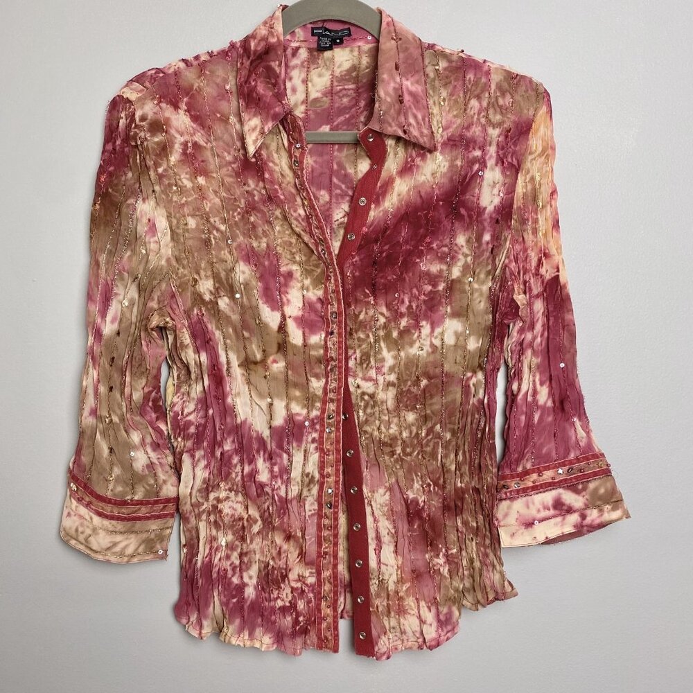 Vintage Y2K Piano Brand Women's Tie-Dye Sequin & Beaded Button-Up Top - Size S